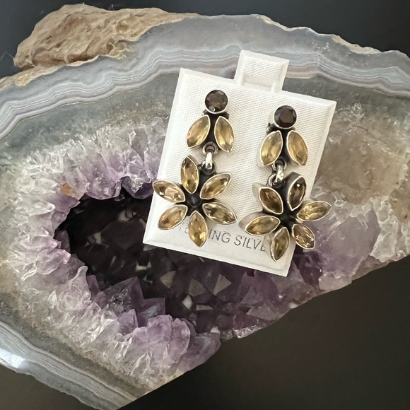 New Sterling Silver Dangling Smokey and Lemon Quartz Earrings - Picture 2 of 7